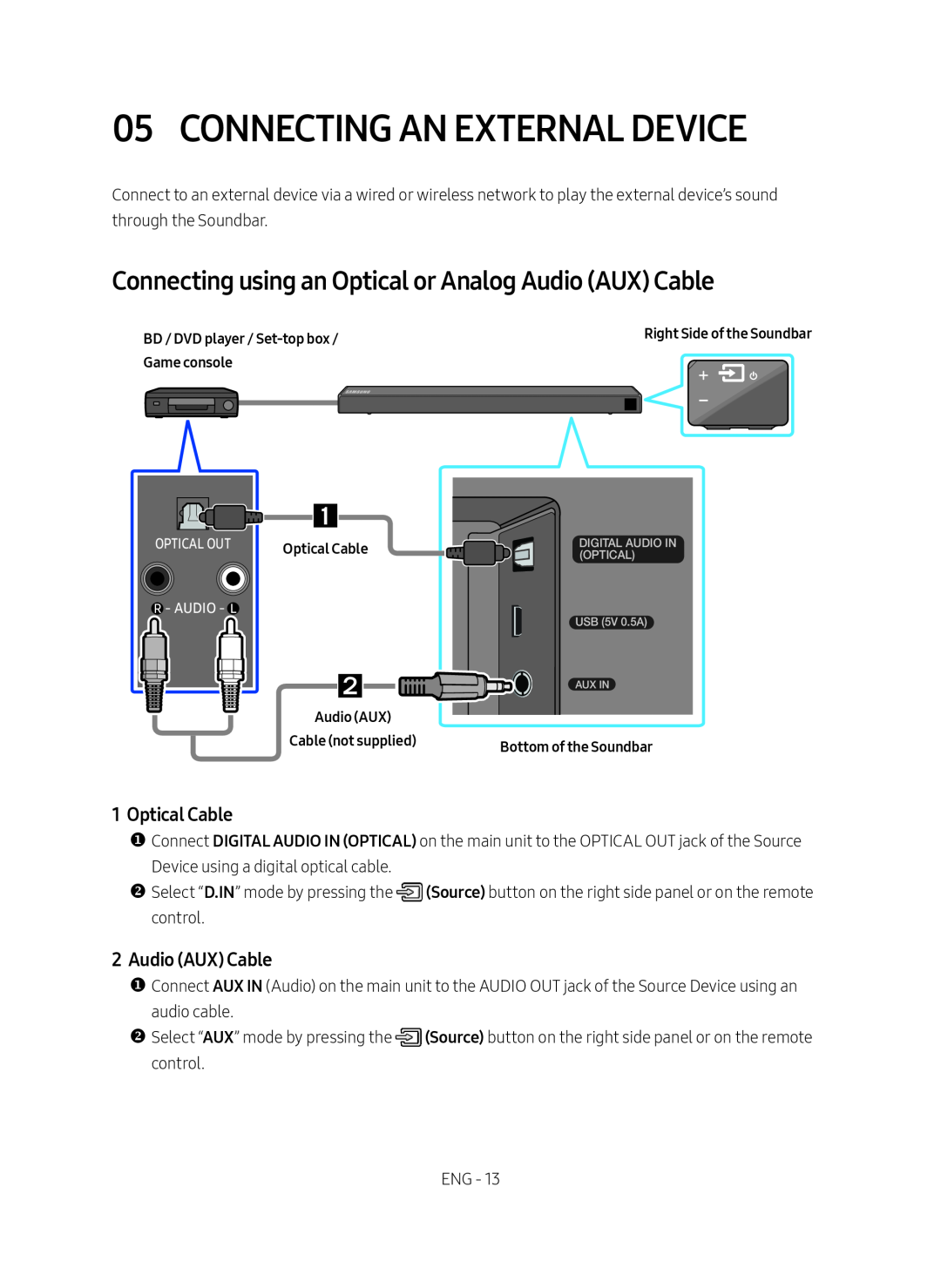 Connecting using an Optical or Analog Audio (AUX) Cable Standard HW-R650