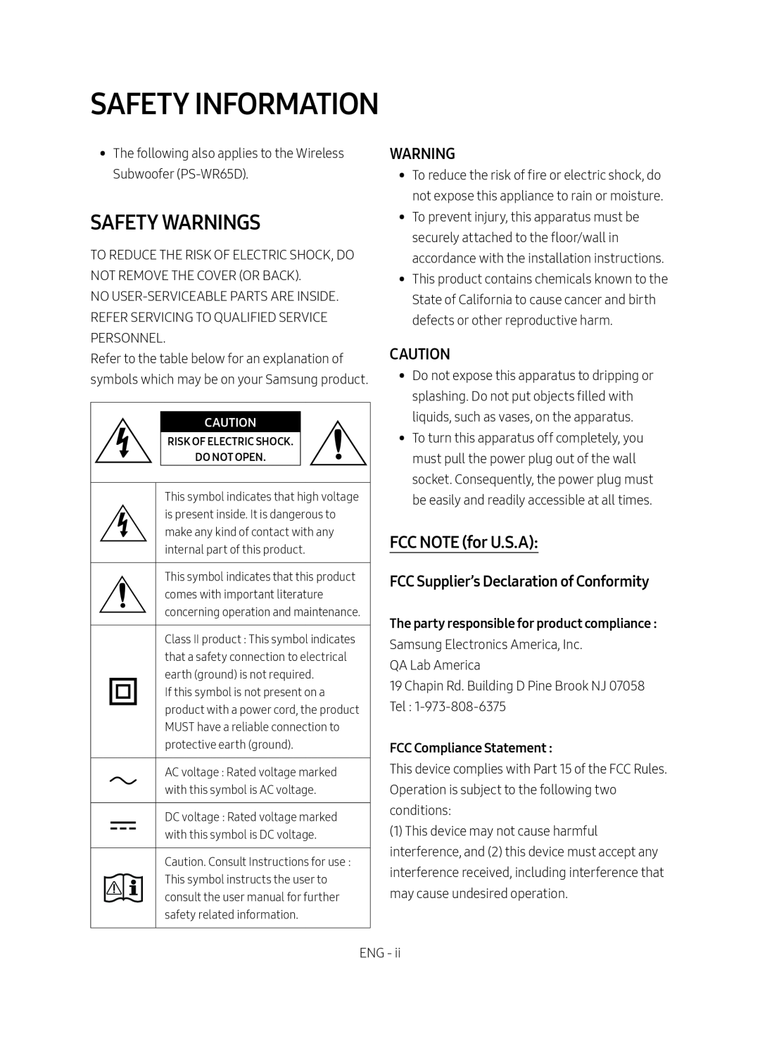 SAFETY WARNINGS Standard HW-R650