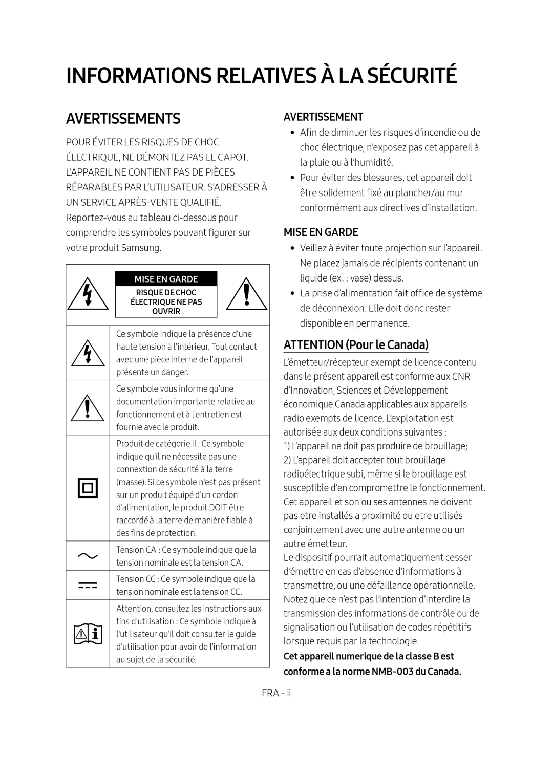 AVERTISSEMENTS Standard HW-R650