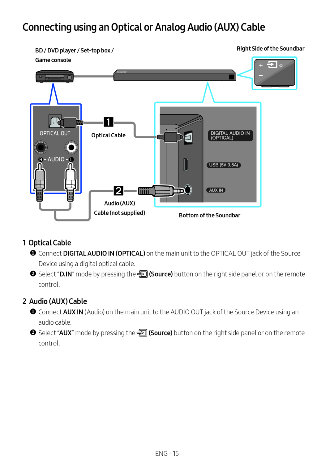 Connecting using an Optical or Analog Audio (AUX) Cable Standard HW-R60C