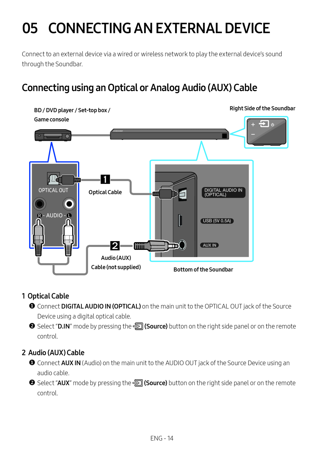 Connecting using an Optical or Analog Audio (AUX) Cable Standard HW-R550