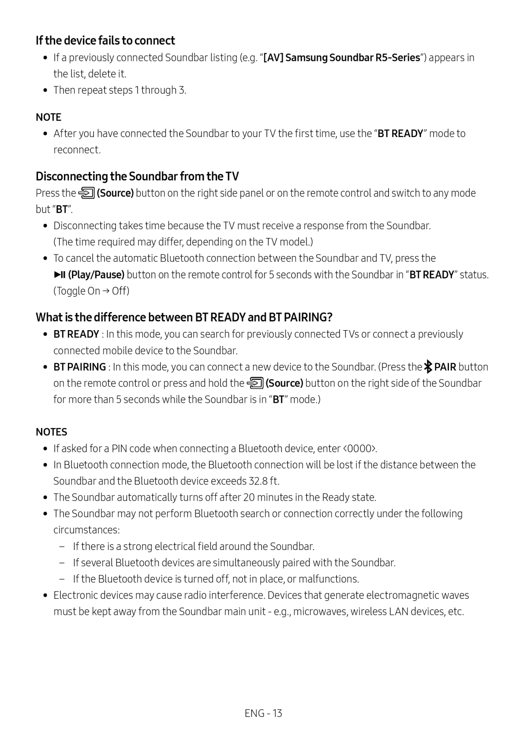 What is the difference between BT READY and BT PAIRING Standard HW-R550