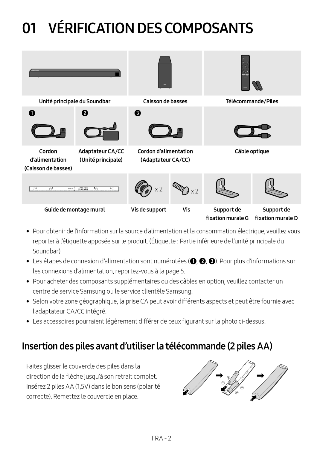 Insertion des piles avant d’utiliser la télécommande (2 piles AA) 01 VÉRIFICATION DES COMPOSANTS