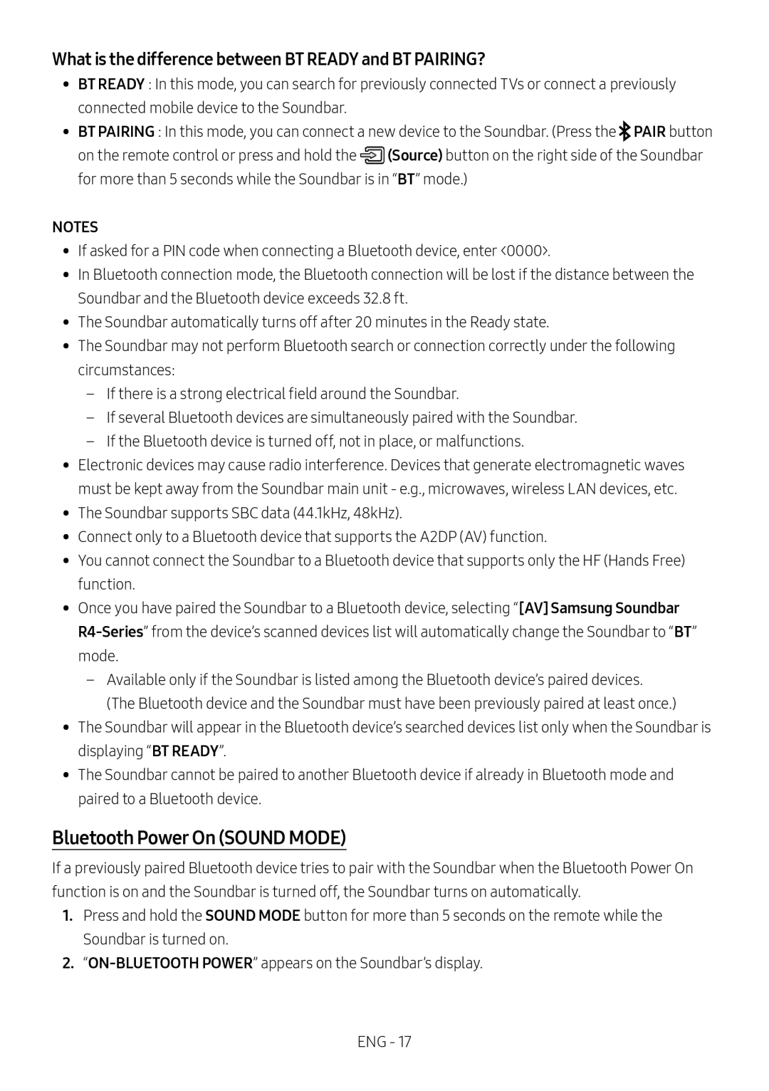 Bluetooth Power On (SOUND MODE) Standard HW-R450