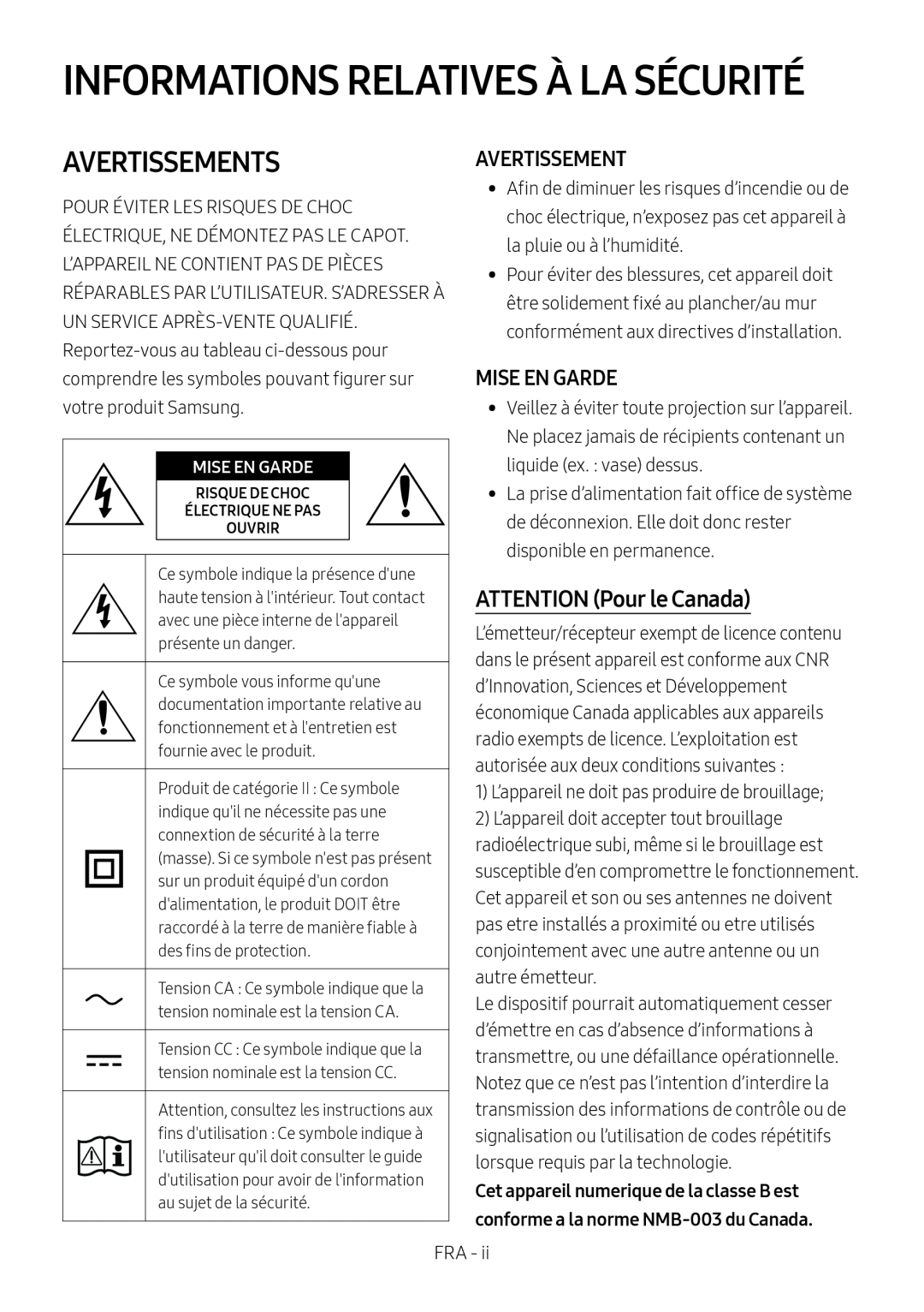 AVERTISSEMENTS Standard HW-R47M