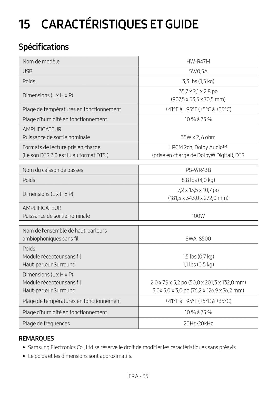 REMARQUES Spécifications