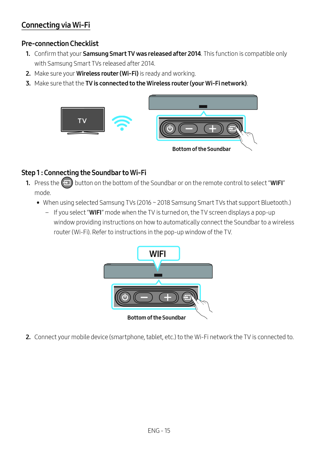 Pre-connectionChecklist Step 1 : Connecting the Soundbar to Wi-Fi