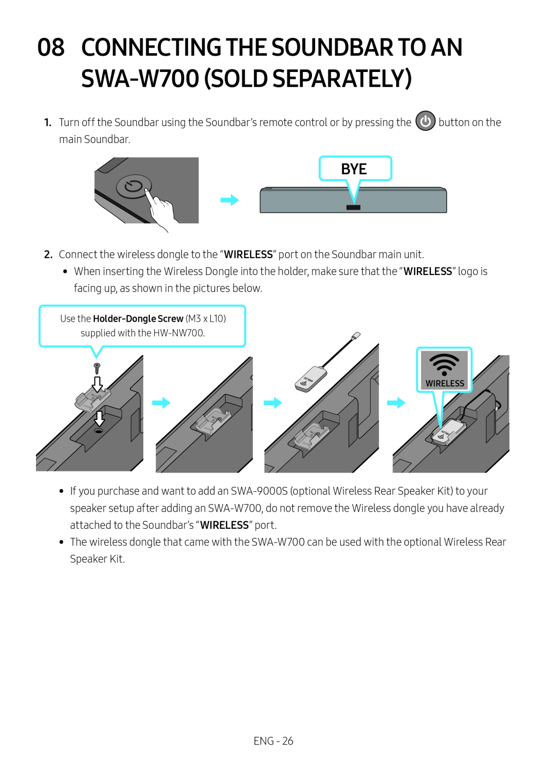 08CONNECTING THE SOUNDBAR TO AN SWA-W700(SOLD SEPARATELY)