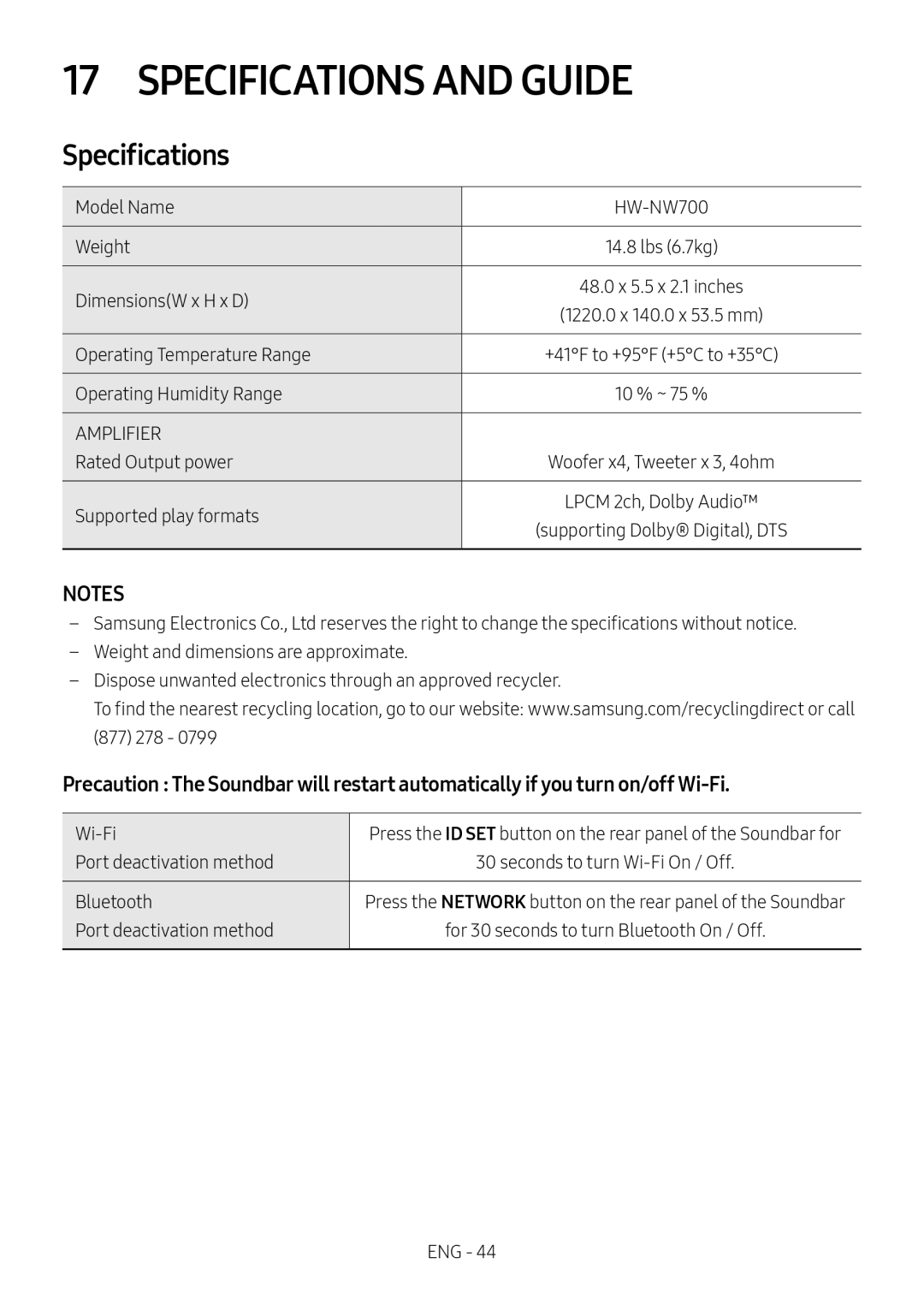 Specifications Standard HW-NW700