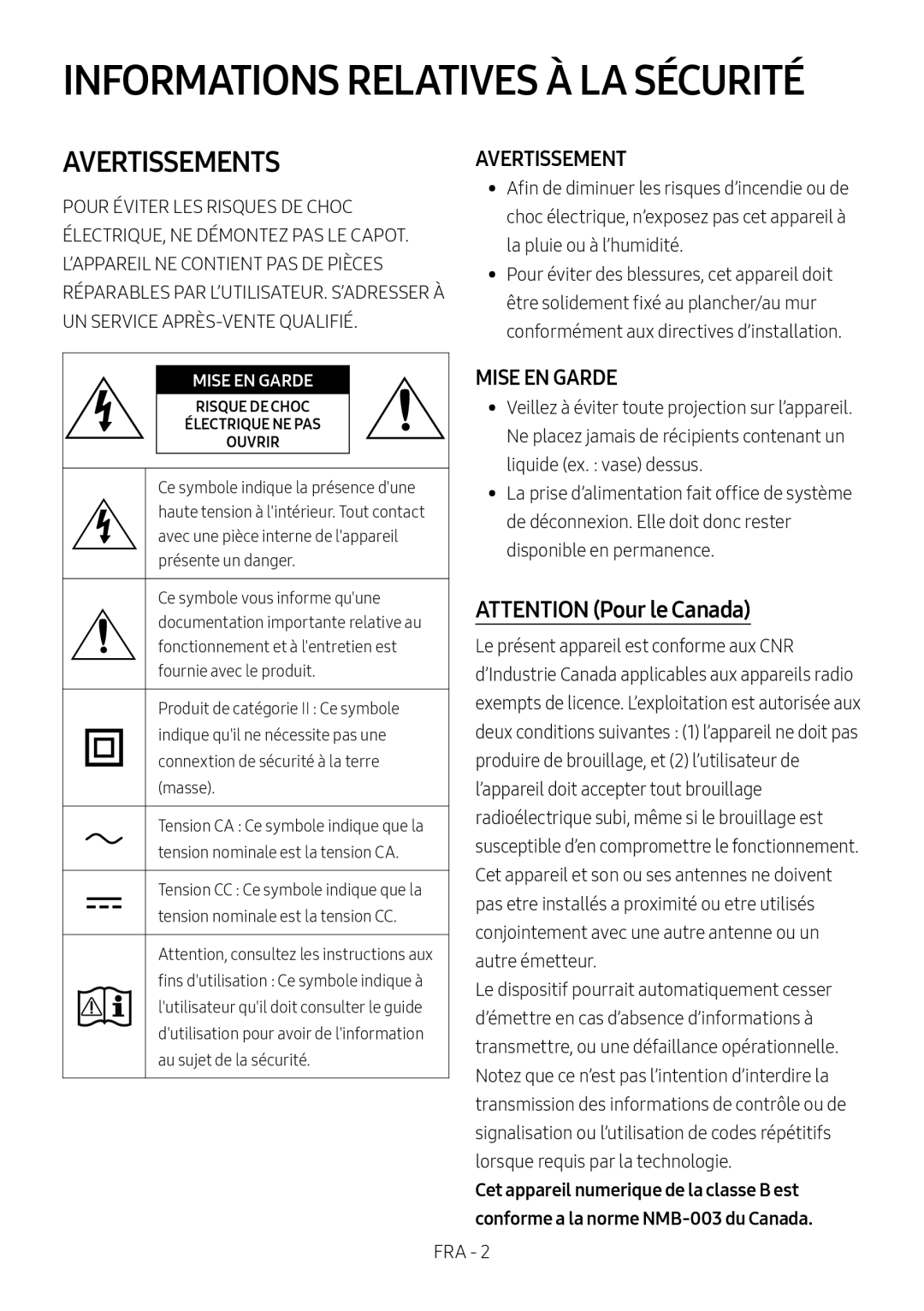 AVERTISSEMENT Standard HW-NW700