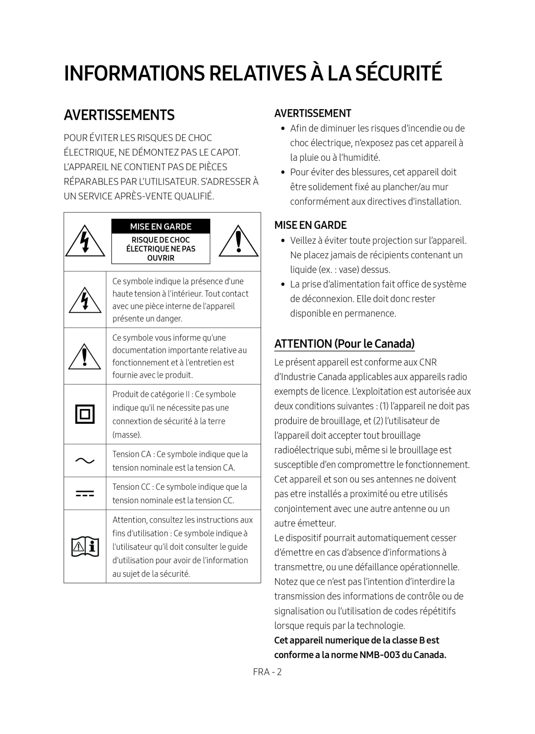 MISE EN GARDE Standard HW-NW700