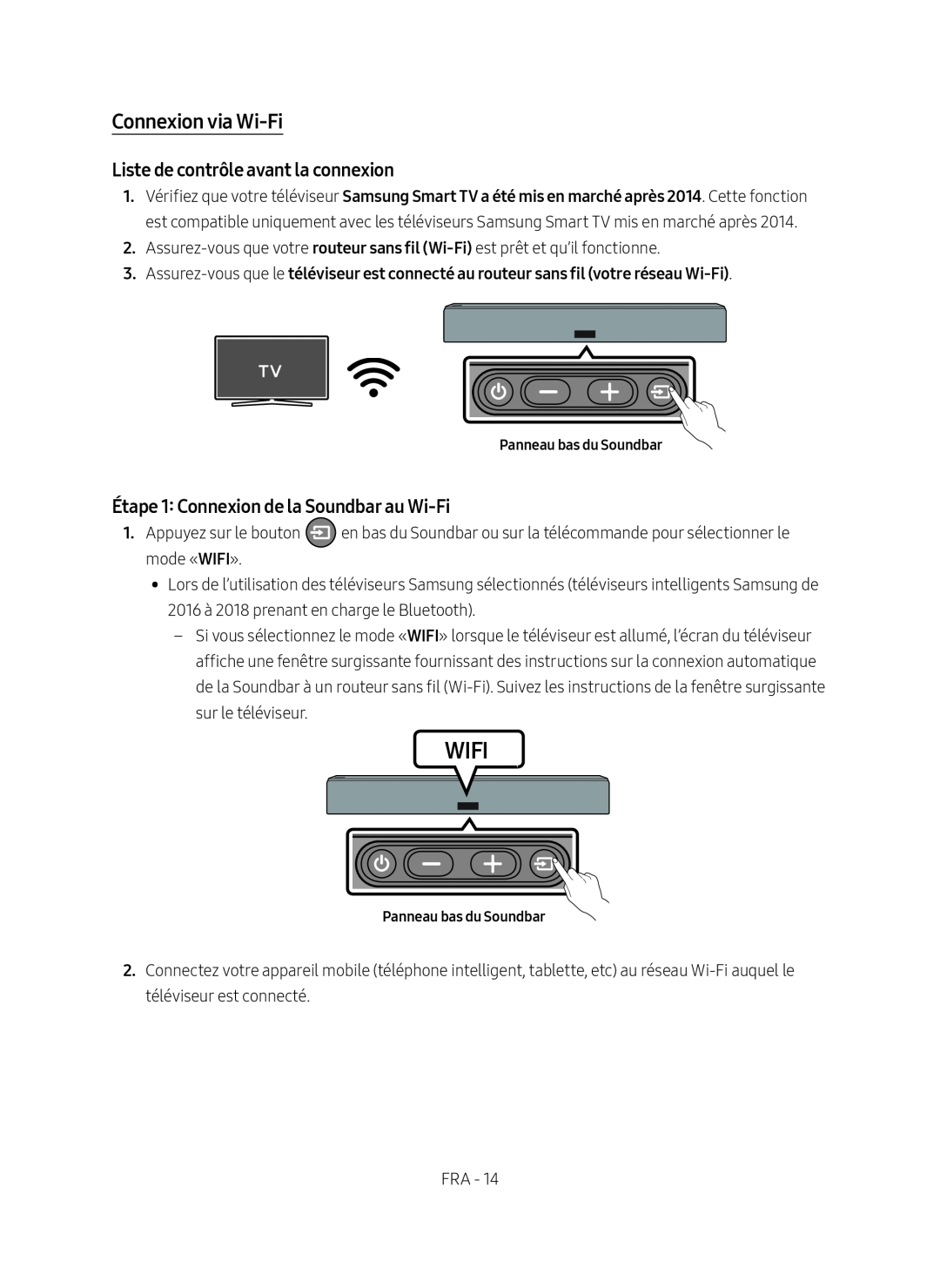 Liste de contrôle avant la connexion Étape 1: Connexion de la Soundbar au Wi-Fi