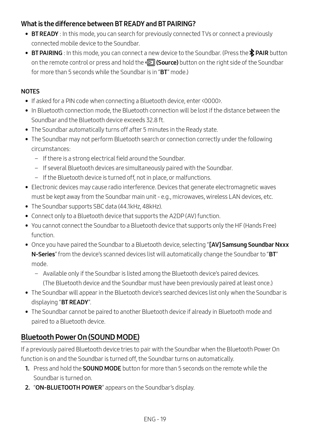 Bluetooth Power On (SOUND MODE) Standard HW-NM65C