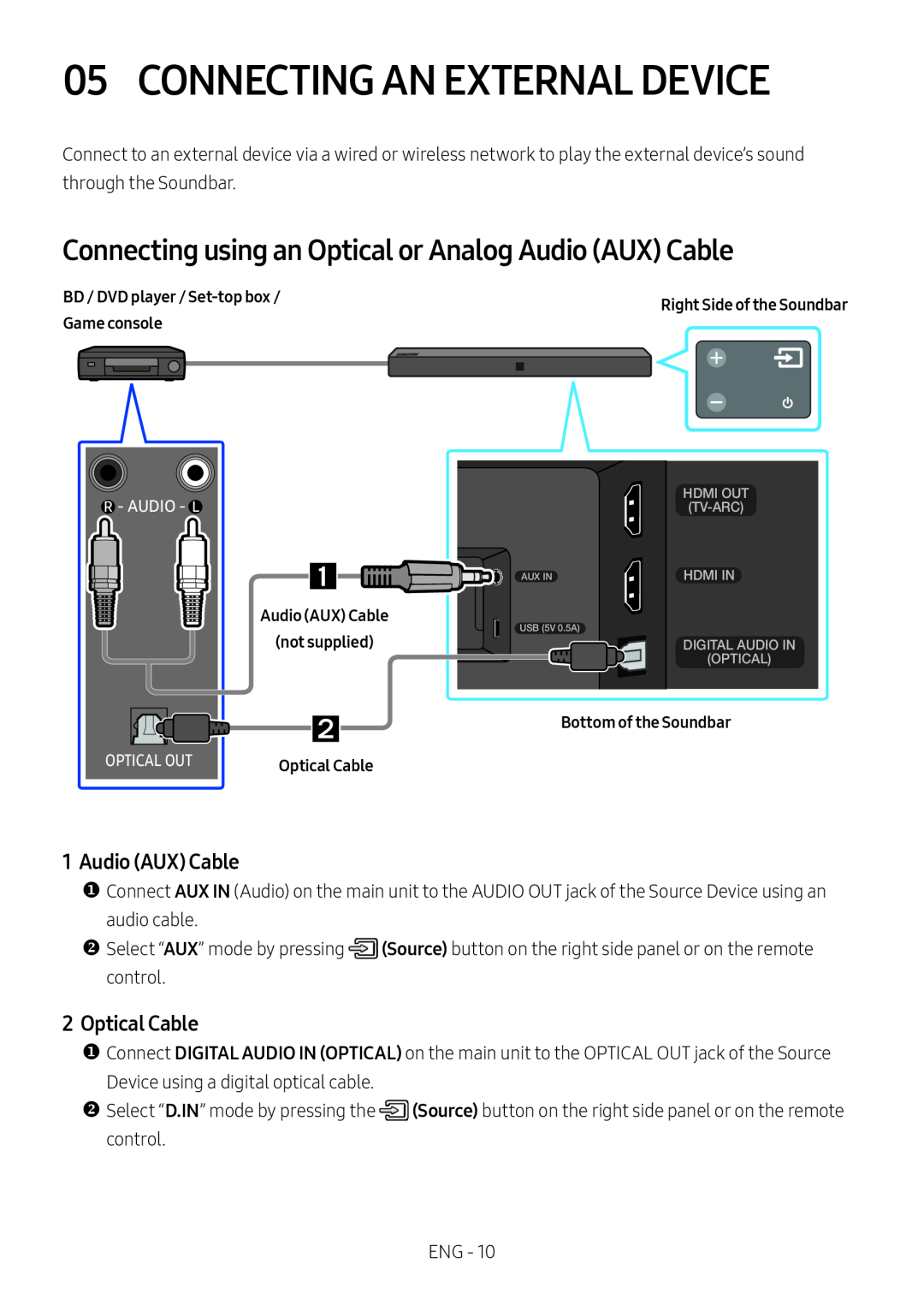 Connecting using an Optical or Analog Audio (AUX) Cable Standard HW-N400