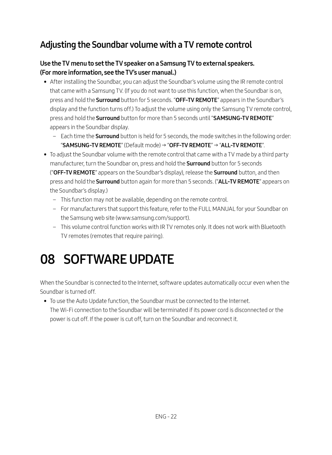 Adjusting the Soundbar volume with a TV remote control 08 SOFTWARE UPDATE