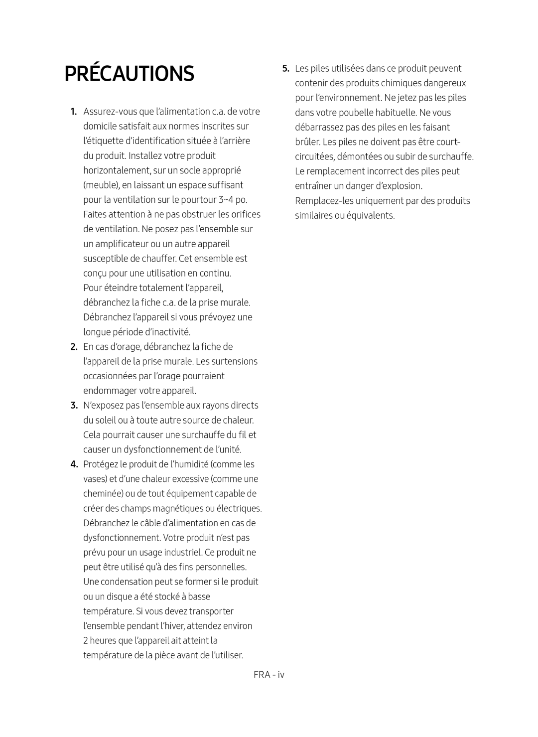 PRÉCAUTIONS Standard HW-MS750