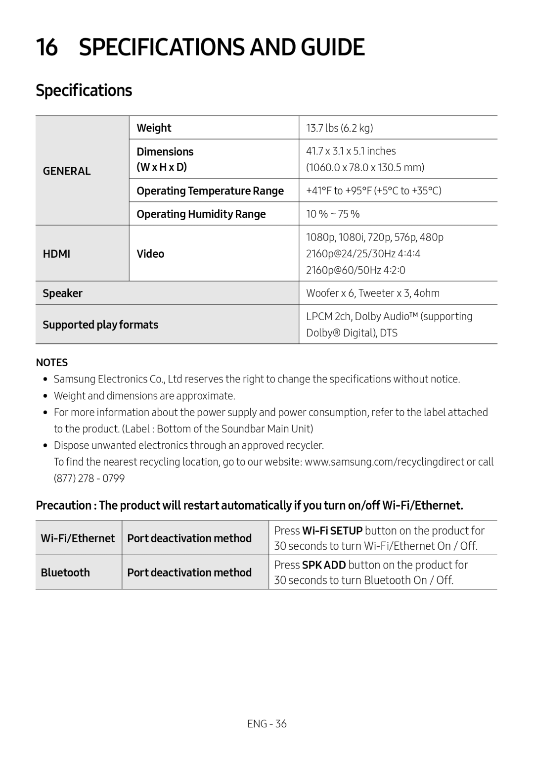 Specifications 16 SPECIFICATIONS AND GUIDE