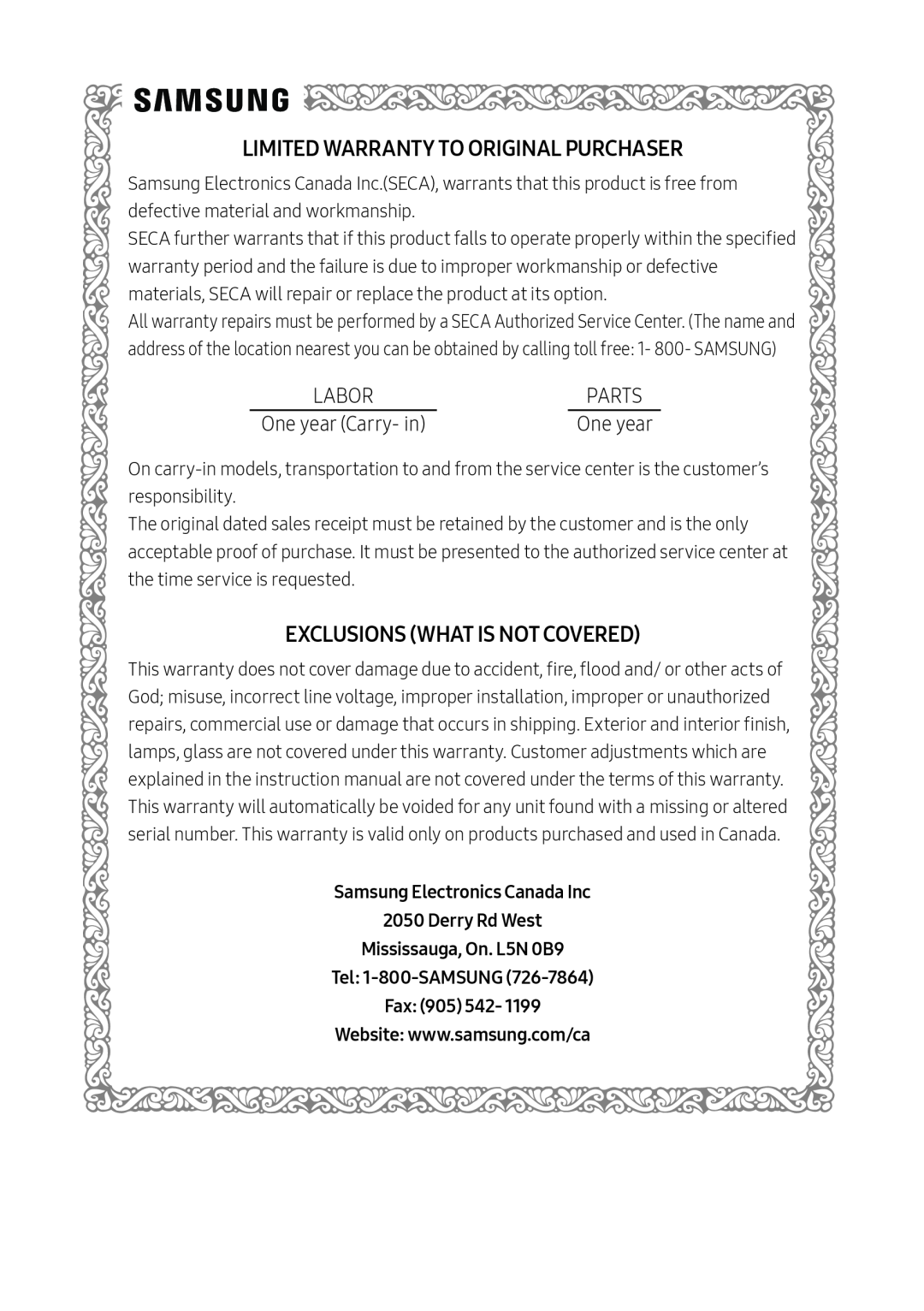 LIMITED WARRANTY TO ORIGINAL PURCHASER Standard HW-MS650