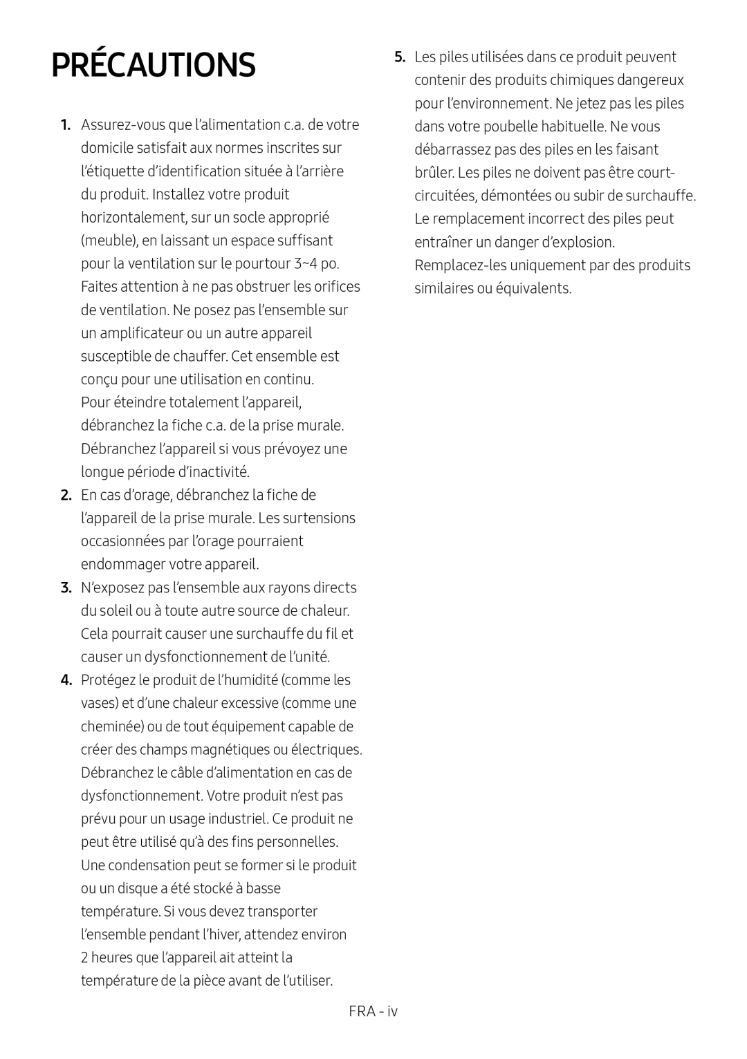 PRÉCAUTIONS Standard HW-MS650