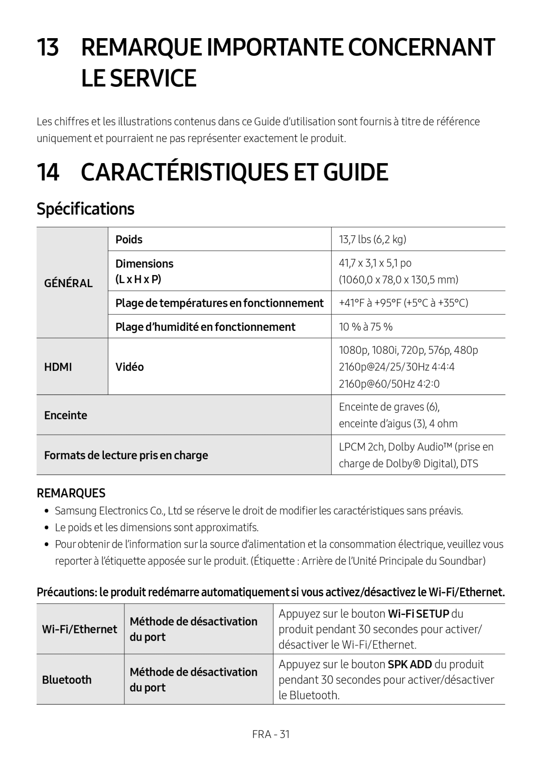 REMARQUES Spécifications