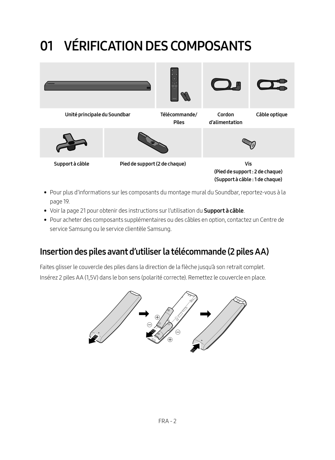 Insertion des piles avant d’utiliser la télécommande (2 piles AA) 01 VÉRIFICATION DES COMPOSANTS