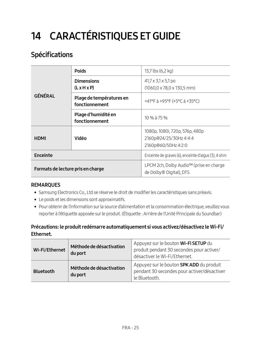 REMARQUES Spécifications