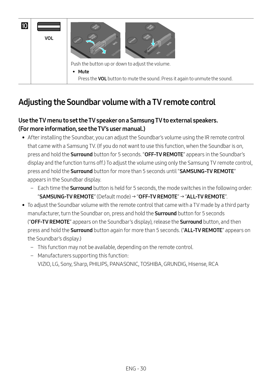 Adjusting the Soundbar volume with a TV remote control Standard HW-MS57C