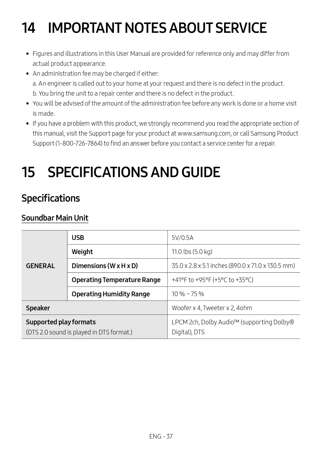 Specifications 14 IMPORTANT NOTES ABOUT SERVICE