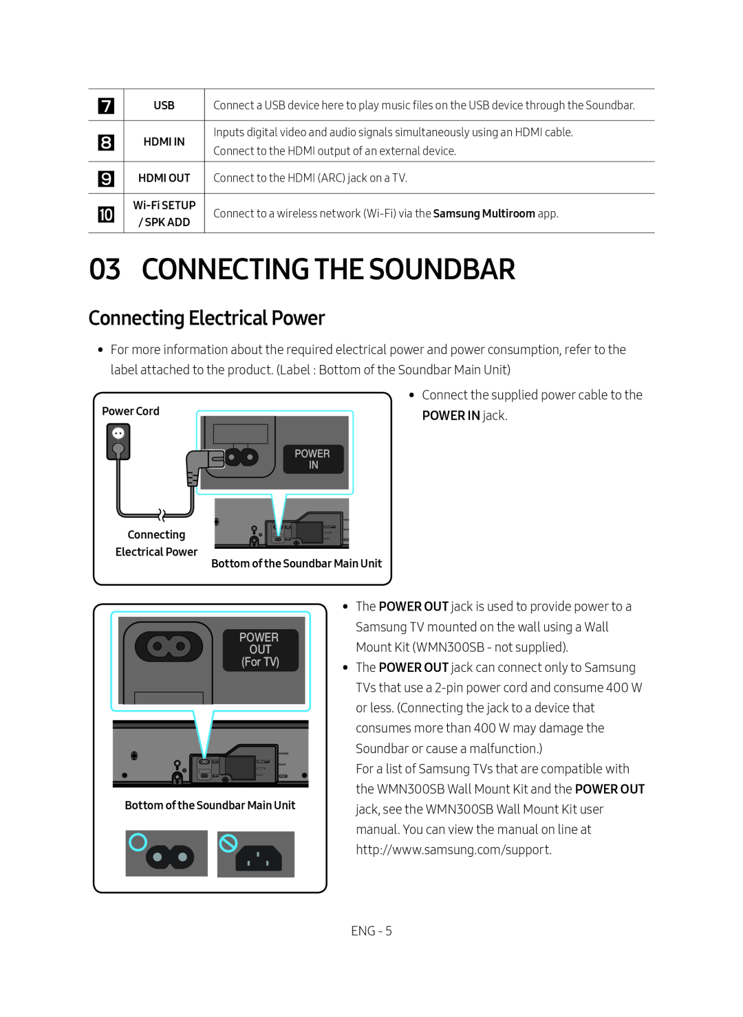 Connecting Electrical Power 03 Connecting the Soundbar