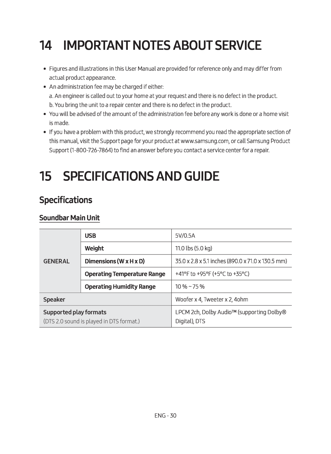 Specifications 14 Important Notes About Service