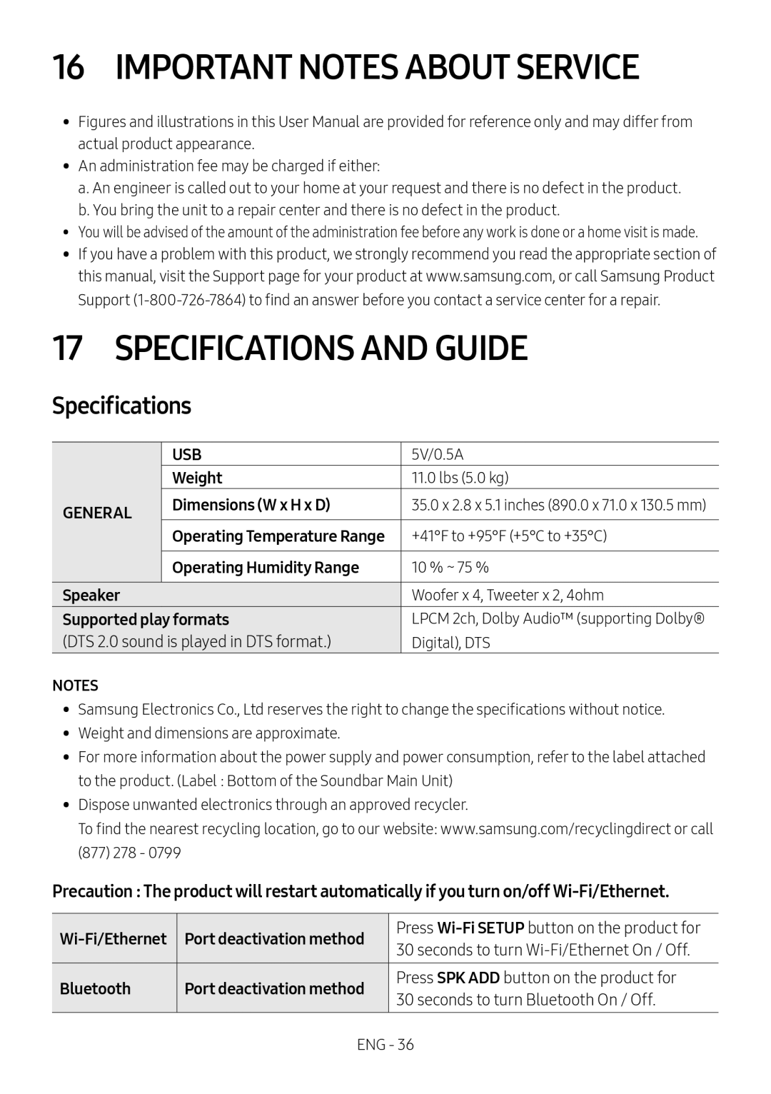 Specifications 16 IMPORTANT NOTES ABOUT SERVICE