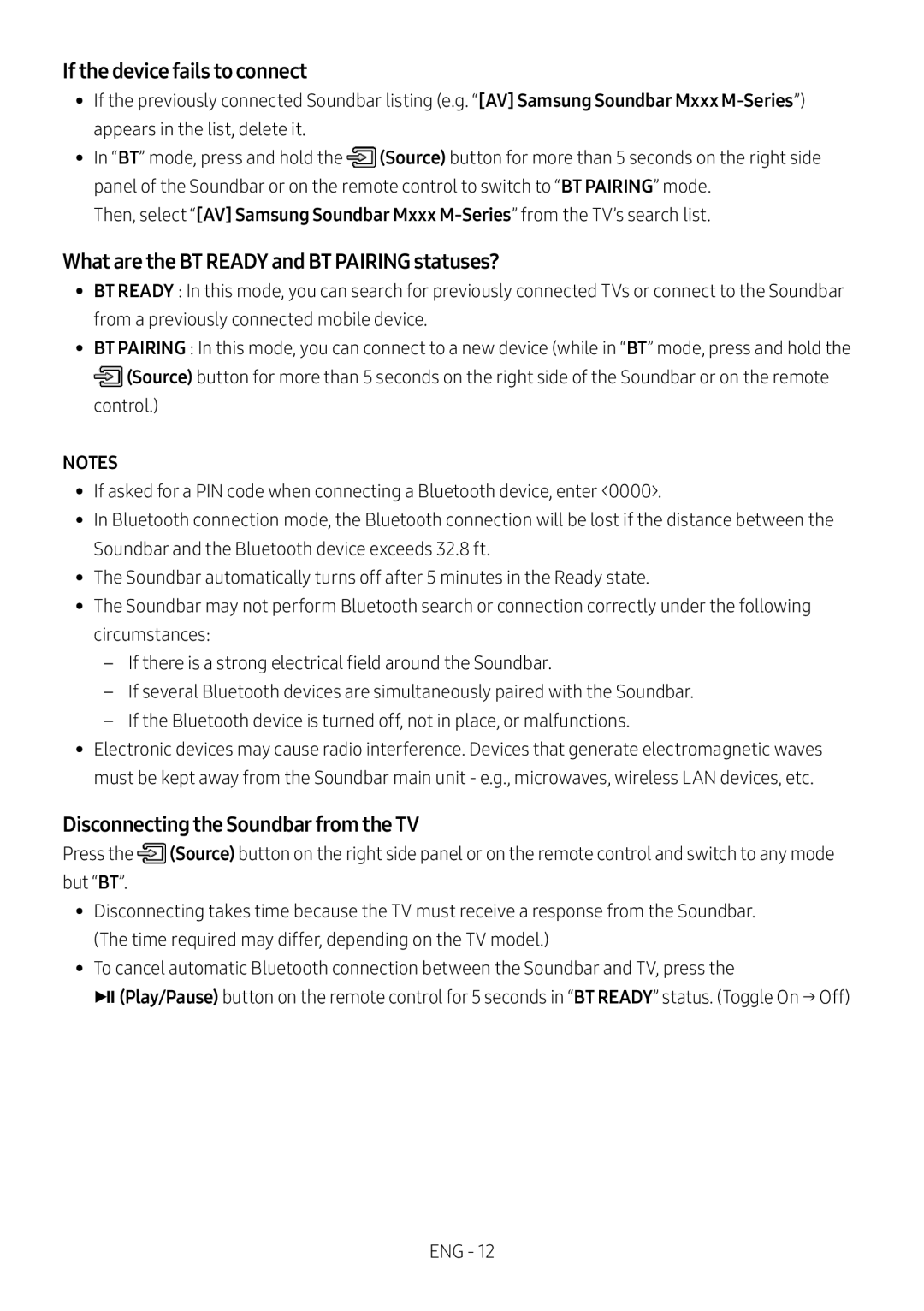 What are the BT READY and BT PAIRING statuses Standard HW-M550