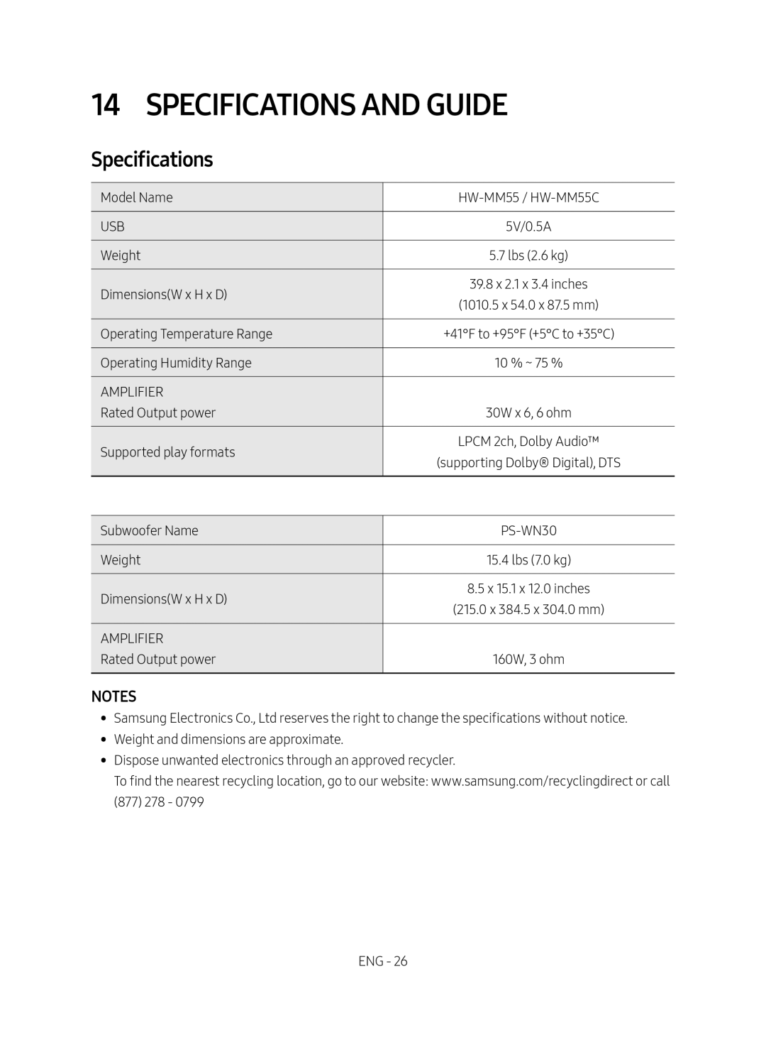 NOTES Specifications