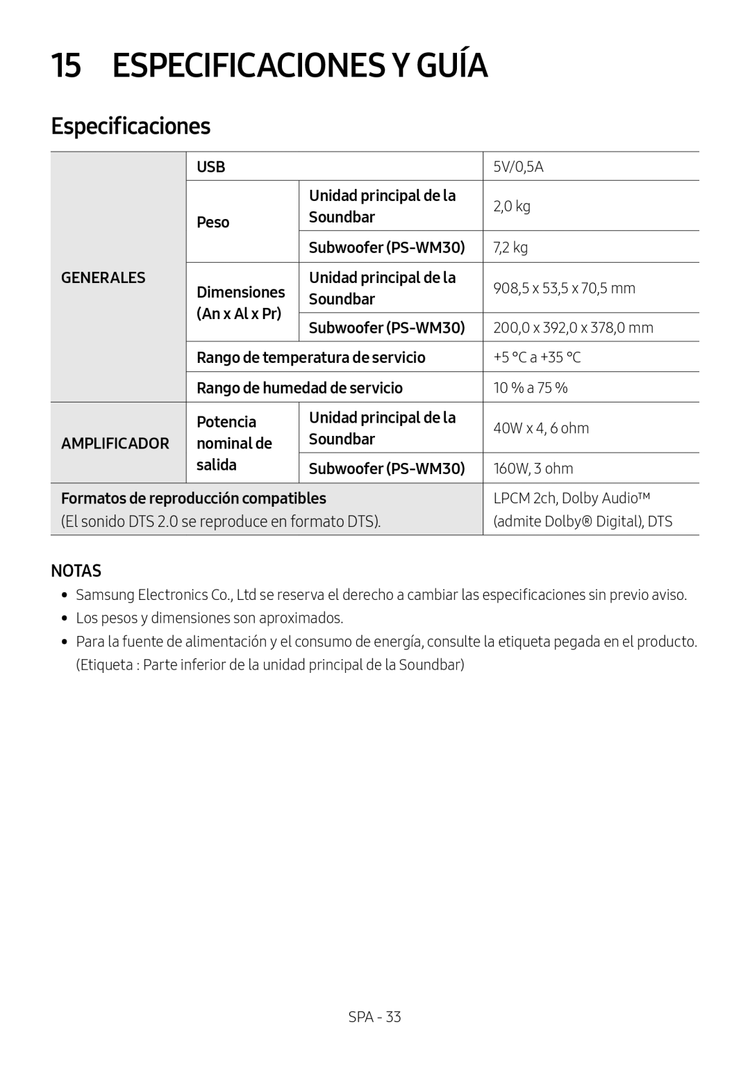 NOTAS Especificaciones