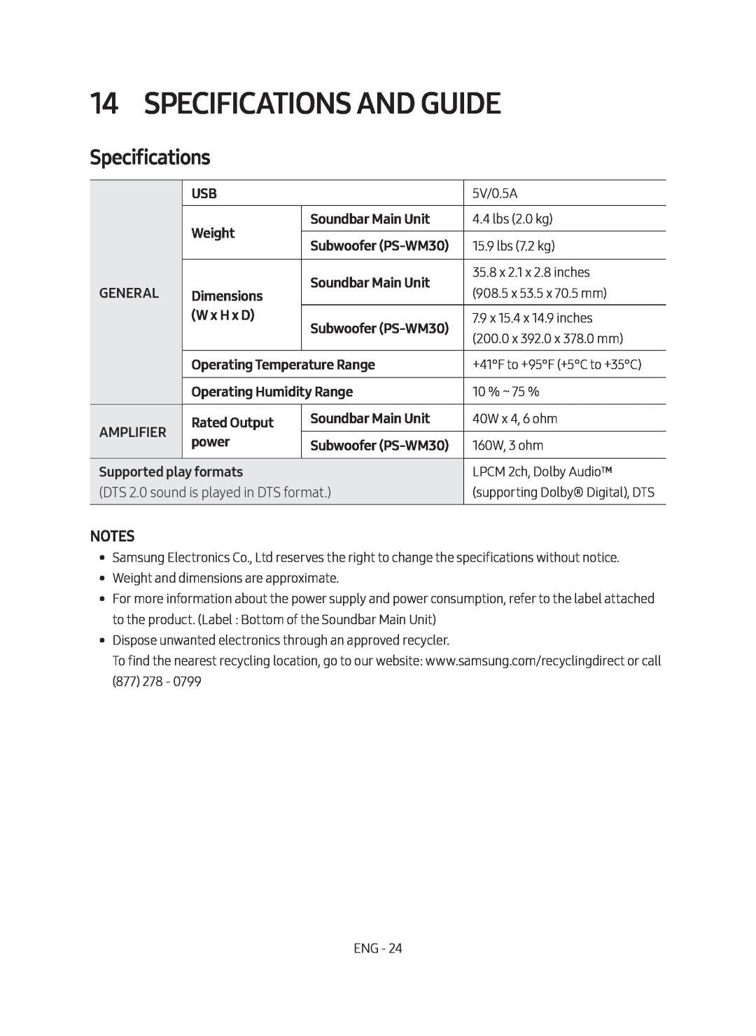 NOTES Specifications