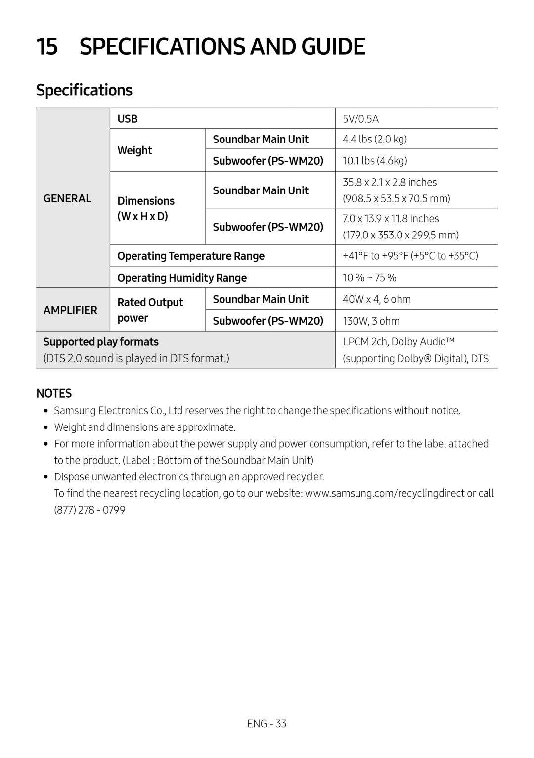 NOTES Specifications