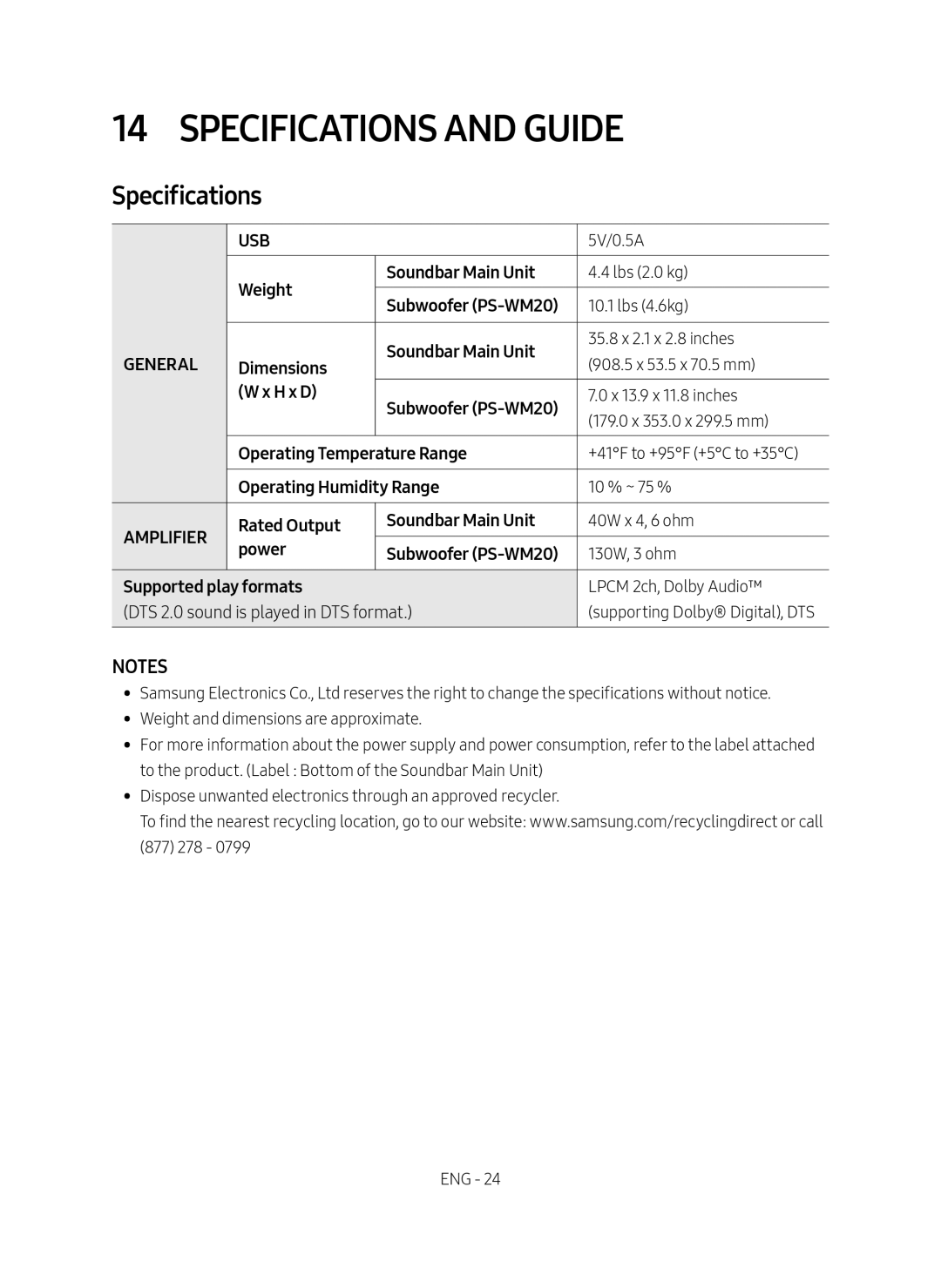 NOTES Specifications