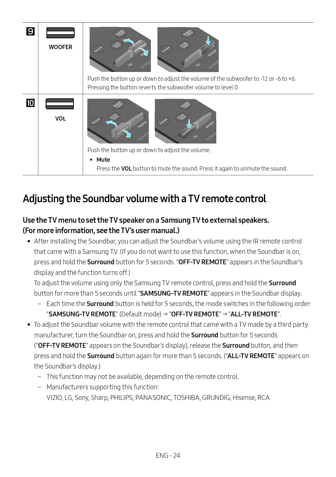 Adjusting the Soundbar volume with a TV remote control