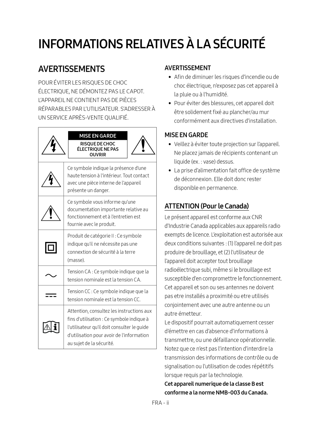 ATTENTION (Pour le Canada) Standard HW-MM45C