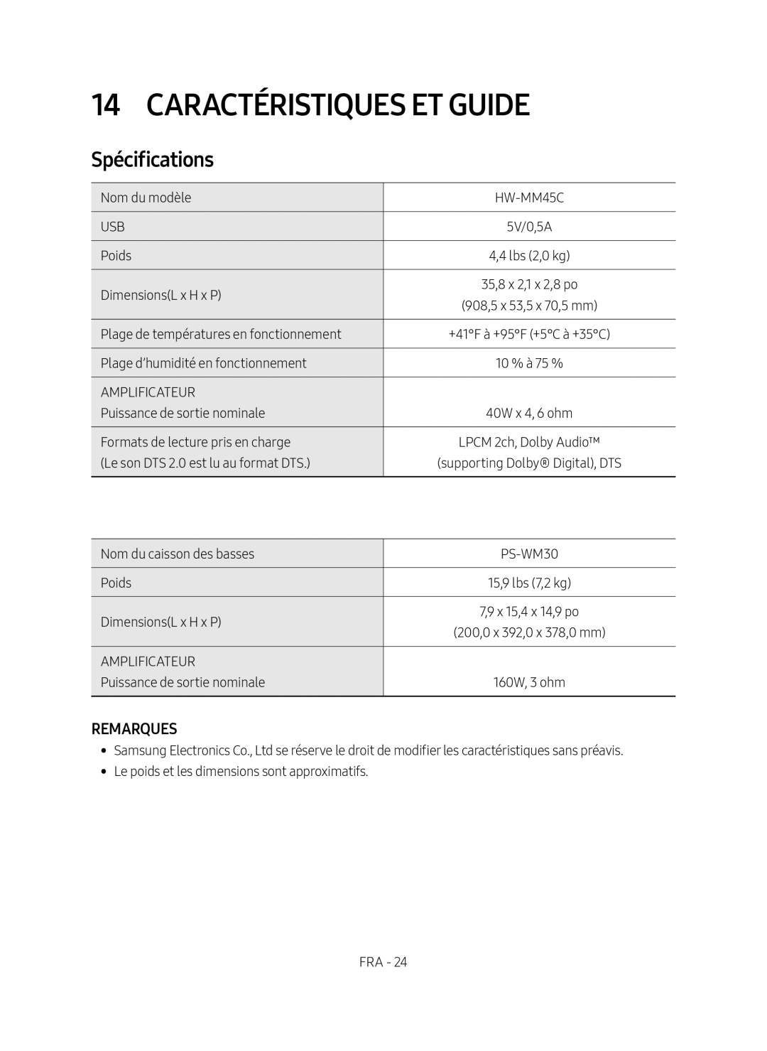 REMARQUES Spécifications