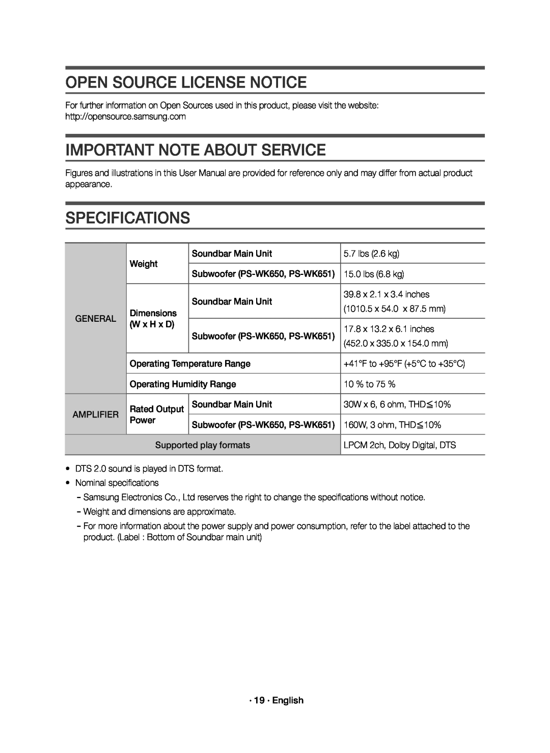 SPECIFICATIONS Standard HW-K650