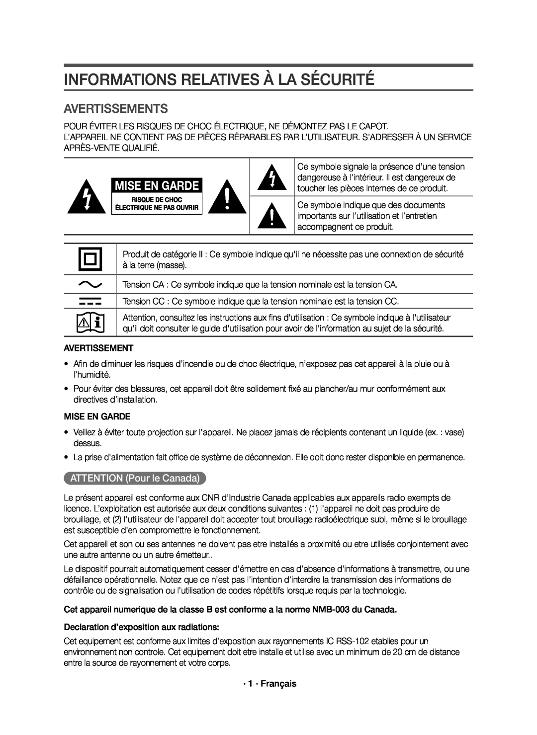 AVERTISSEMENTS Standard HW-K650