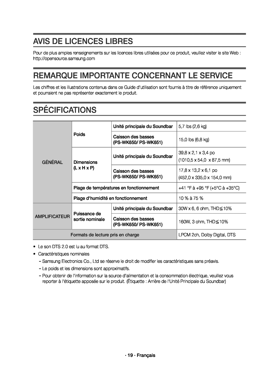 REMARQUE IMPORTANTE CONCERNANT LE SERVICE Standard HW-K650