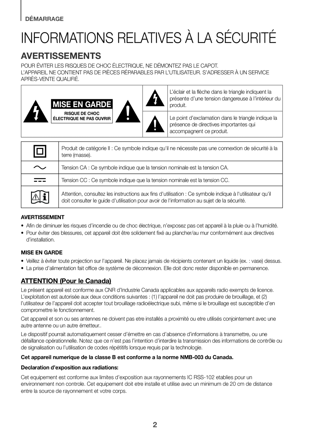 MISE EN GARDE Standard HW-K550