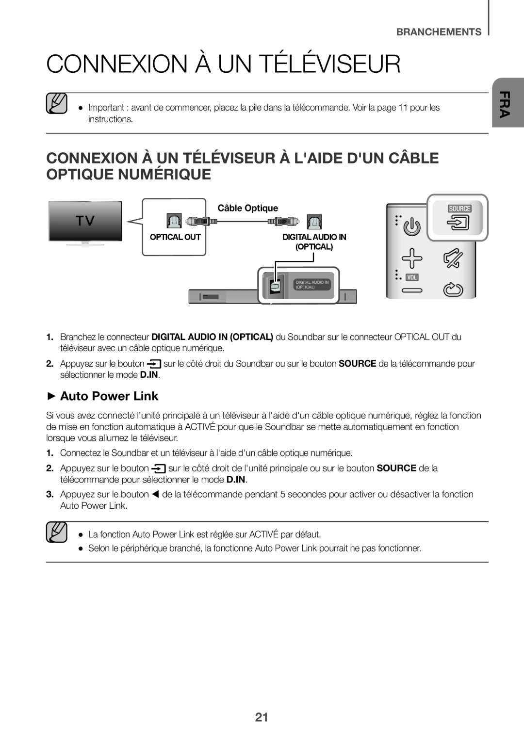 Connexion à un téléviseur à l'aide d'un câble optique numérique Standard HW-K550