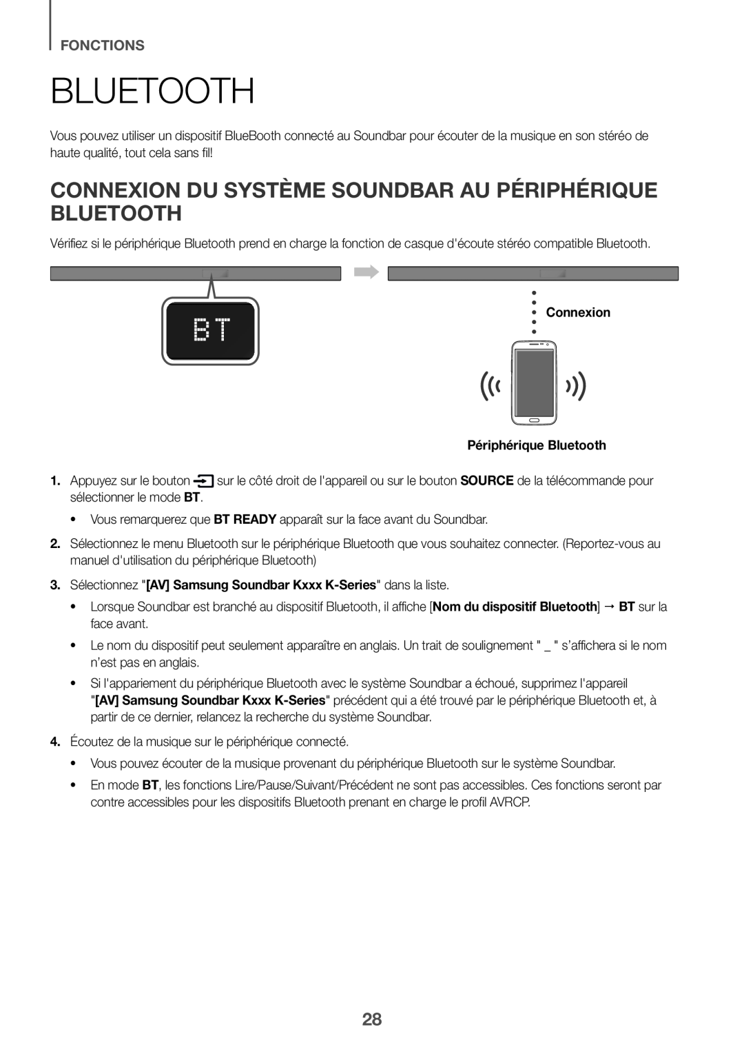 fonctions Connexion du système Soundbar au périphérique Bluetooth