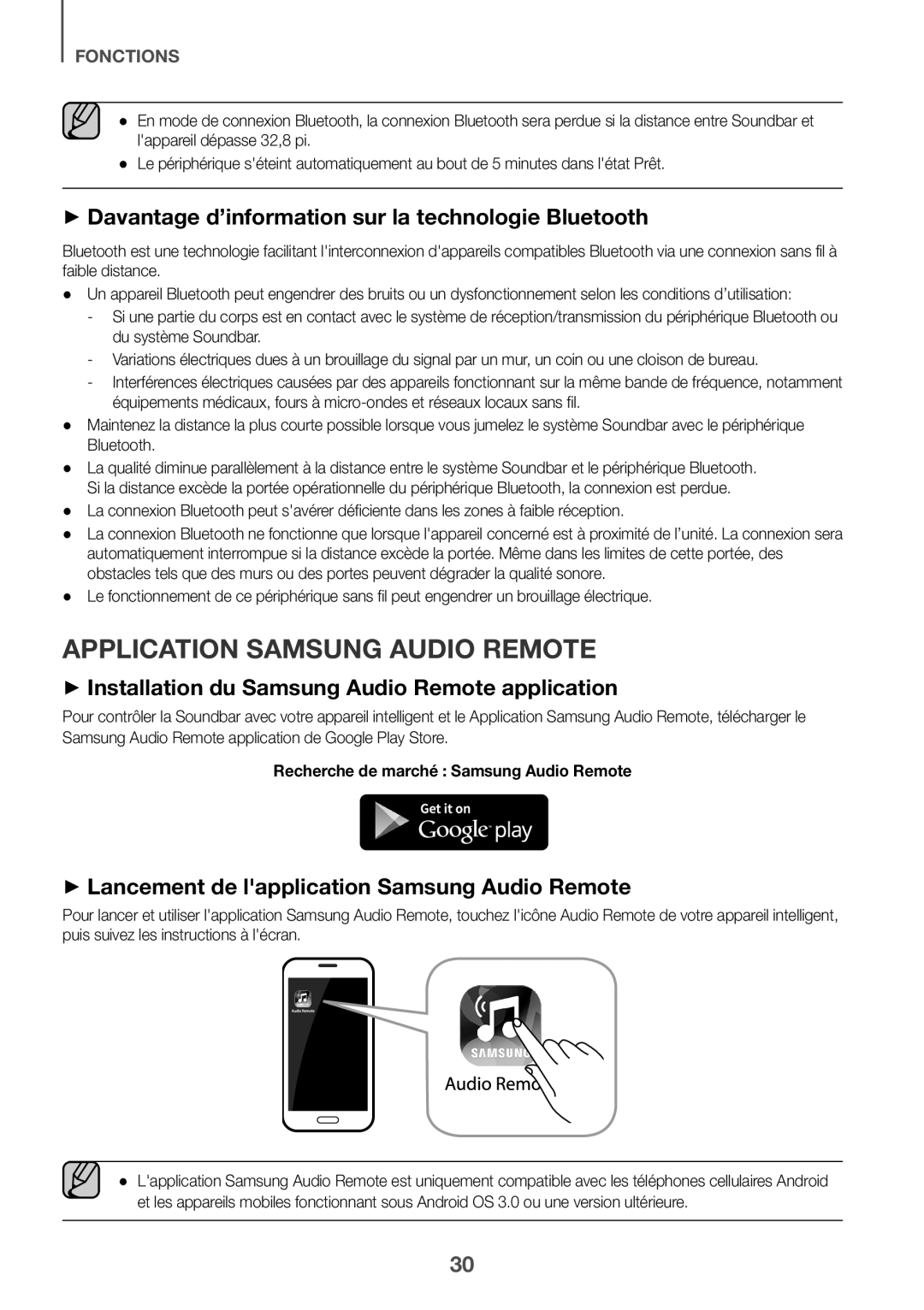 ++Davantage d’information sur la technologie Bluetooth +Installation du Samsung Audio Remote application