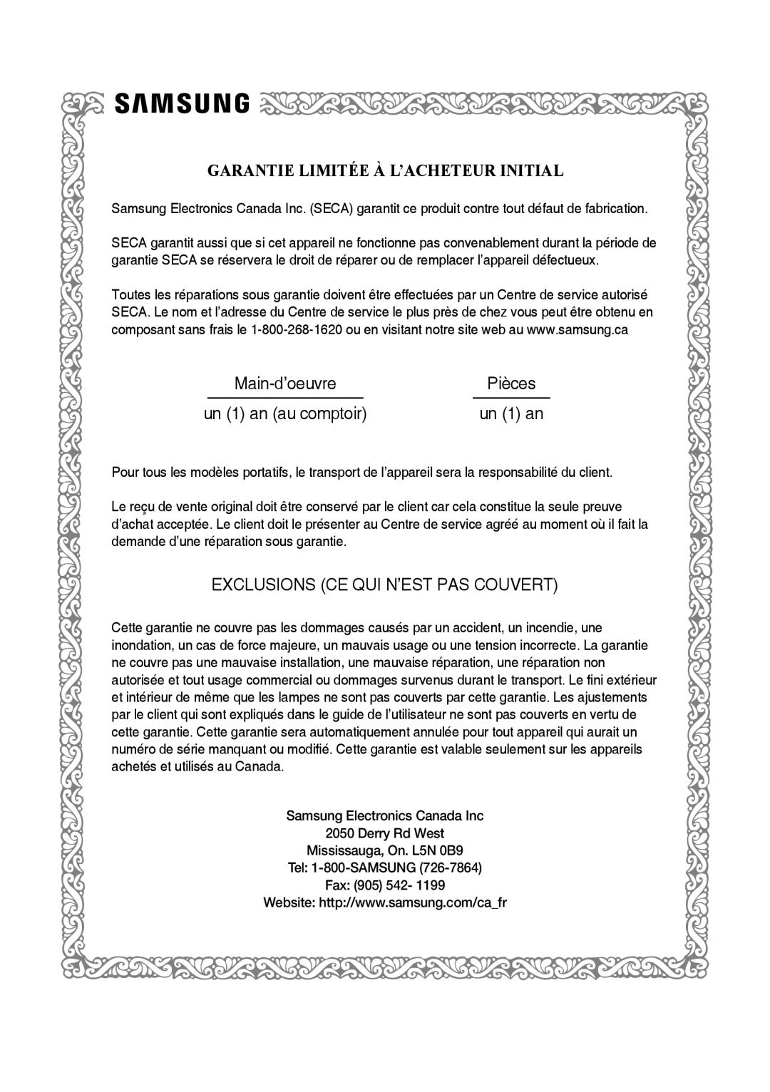 GARANTIE LIMITÉE À L’ACHETEUR INITIAL Standard HW-K550