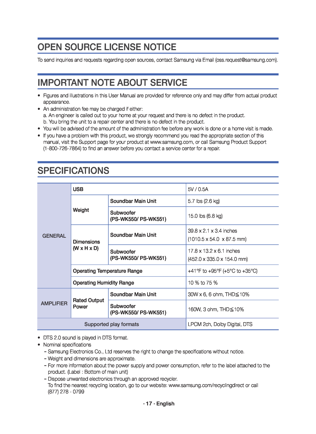 SPECIFICATIONS Standard HW-K550