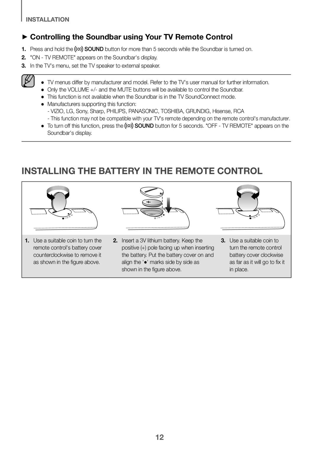 INSTALLATION ++Controlling the Soundbar using Your TV Remote Control